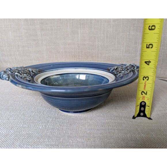 Studio Art Pottery Lidded Dish Bowl Stoneware Blue Glaze Floral Handles Signed - Picture 9 of 9